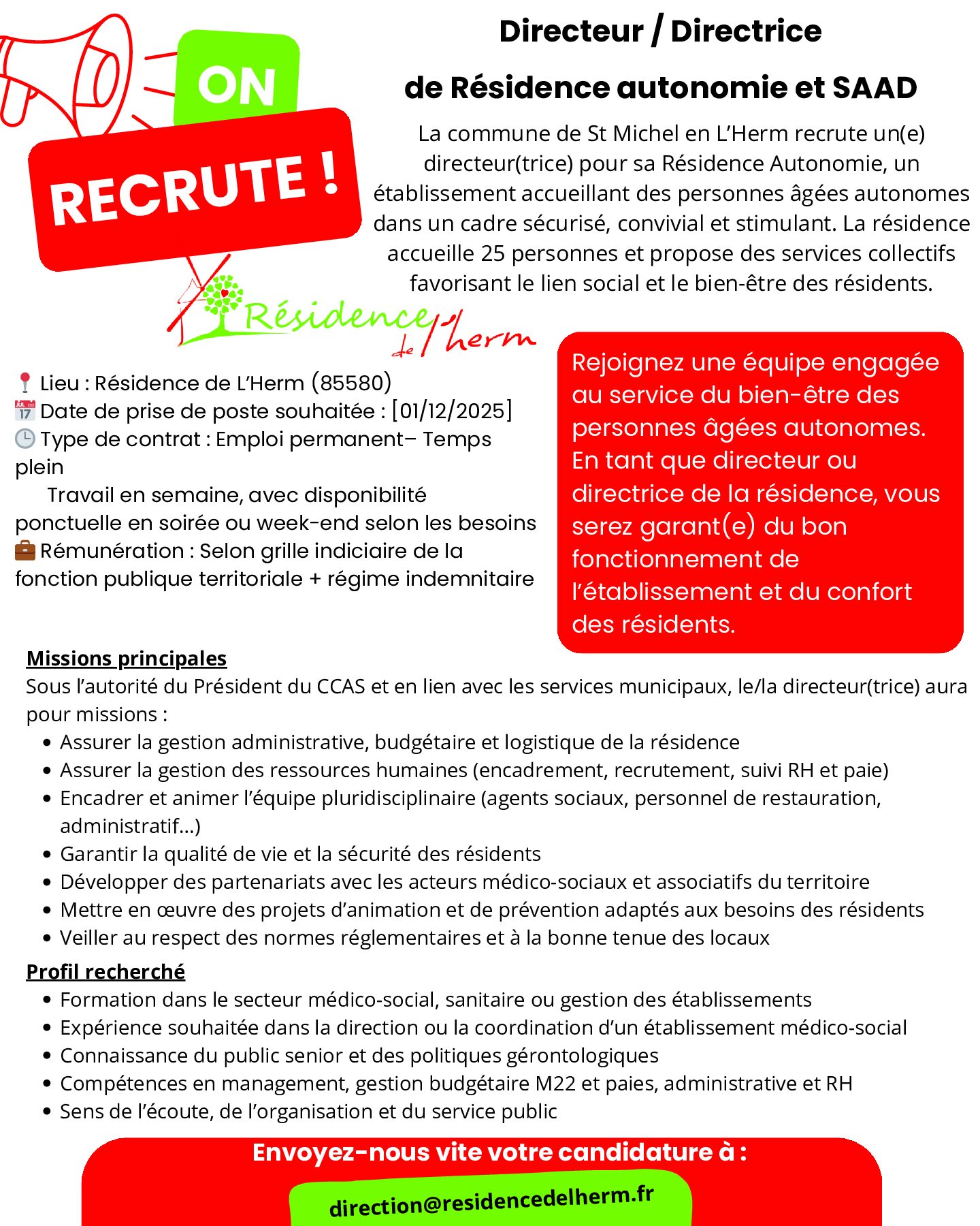 RECRUTEMENT DIRECTION RESIDENCE AUTONOMIE ET SAAD RESIDENCE DE L’HERM